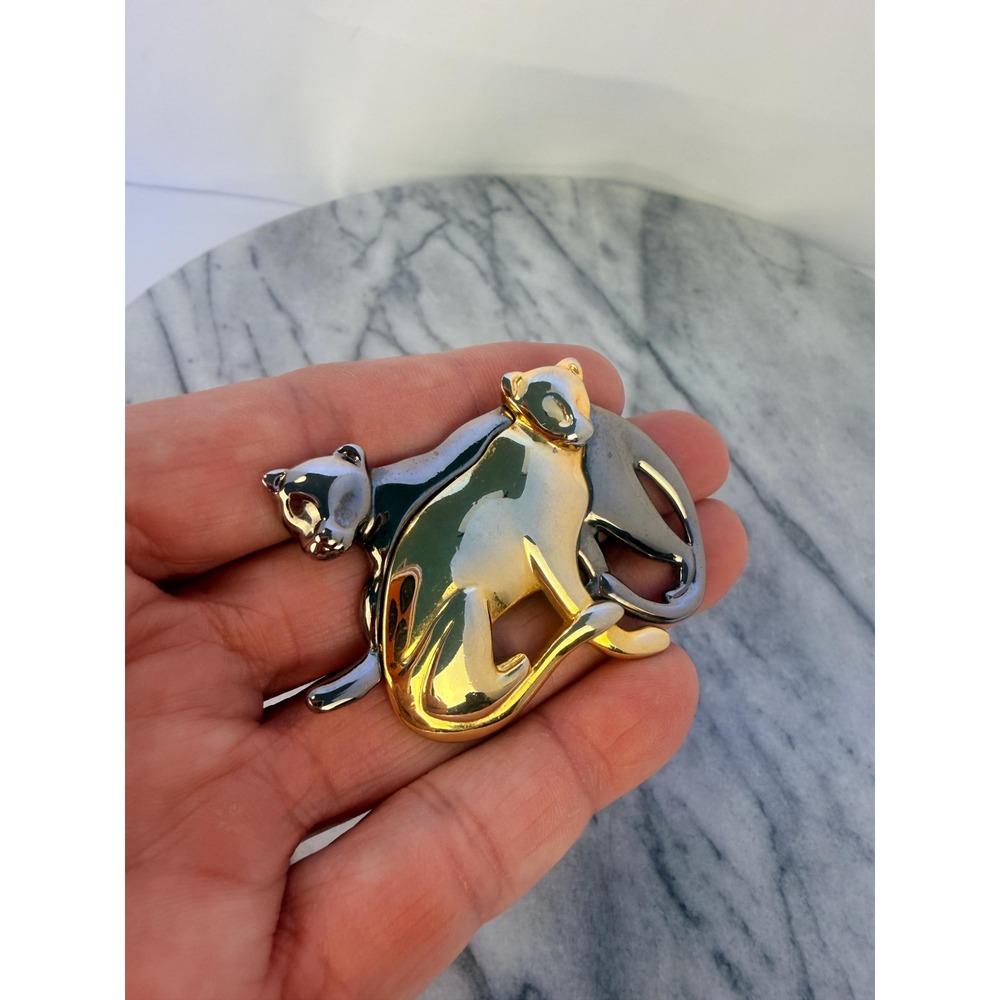Vintage Liz Claiborne Double Panther Brooch, Two Tone Cat Pin,  Maximalism